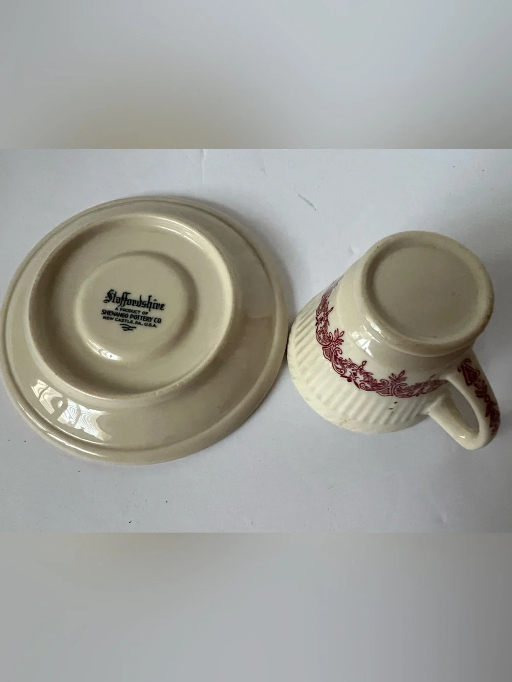Vintage Staffordshire Shenango demitasse/espresso cup & saucer 1950's red/cream